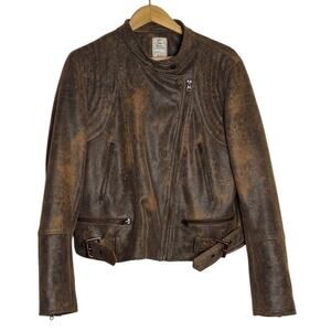 Free People Distressed Snake Fenix Faux-Leather Moto Jacket Brown Size L
